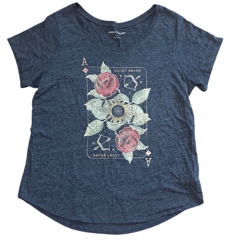 Lucky Brand Navy Blue Ace Playing Card Rose Graphic Tee Shirt Womens Large